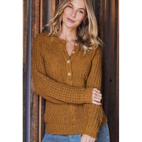 Carbon2Cobalt Women's Size XS Spiced Cable Knit Henley Sweater Dijon Brown - Picture 2 of 10
